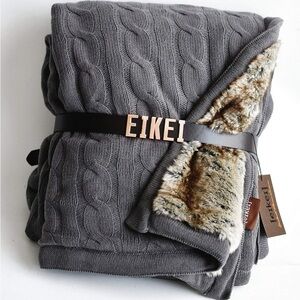 EIKEI LUXURY CABLE KNIT THROW KNIT FAUX FUR CHARCOAL CHINCHILLA BROWN REVERSIBLE